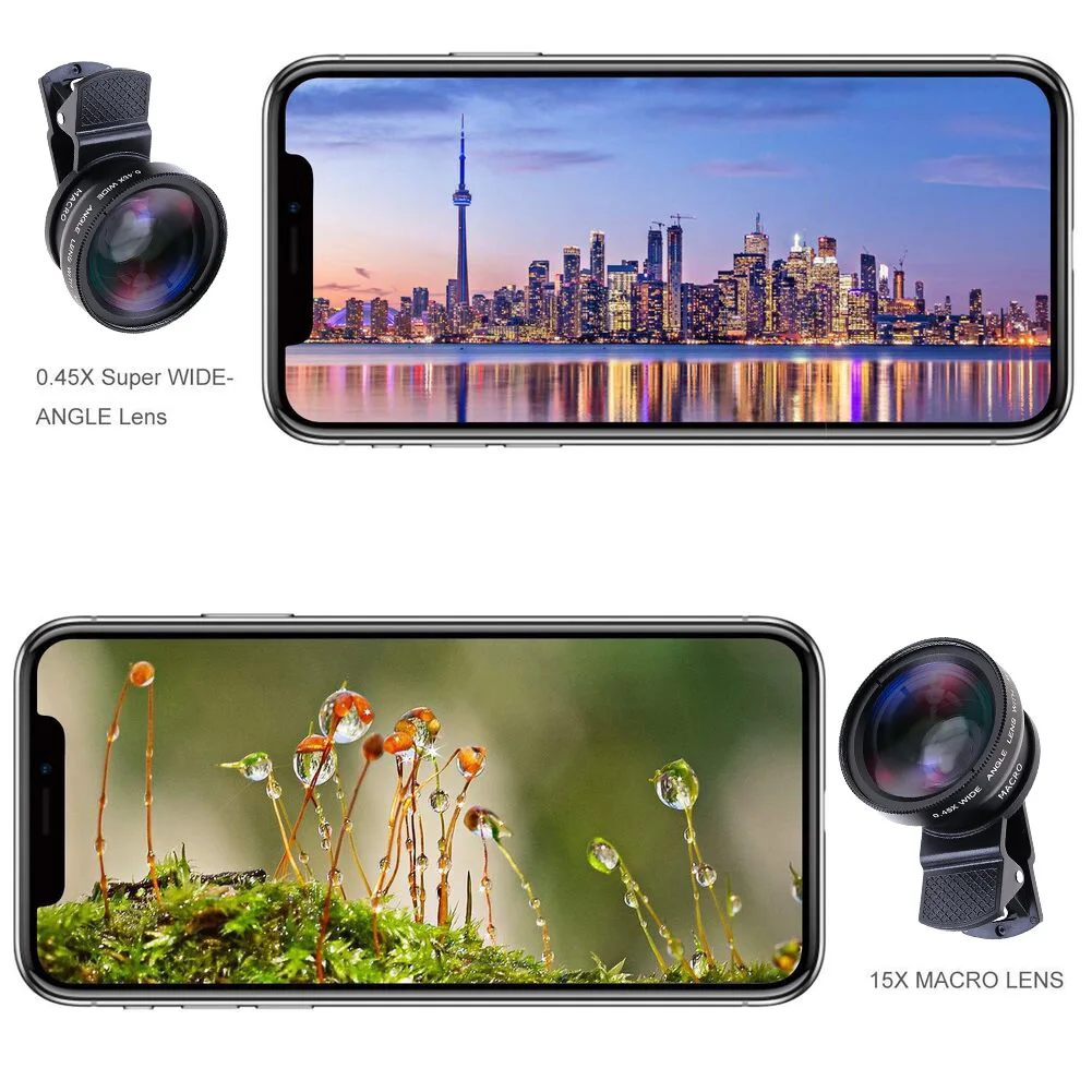 Mobile Camera Lens Kit with 15X Macro and 0 45X Wide Angle Lenses Portable Travel Bag Compatible with Most Smartphones
