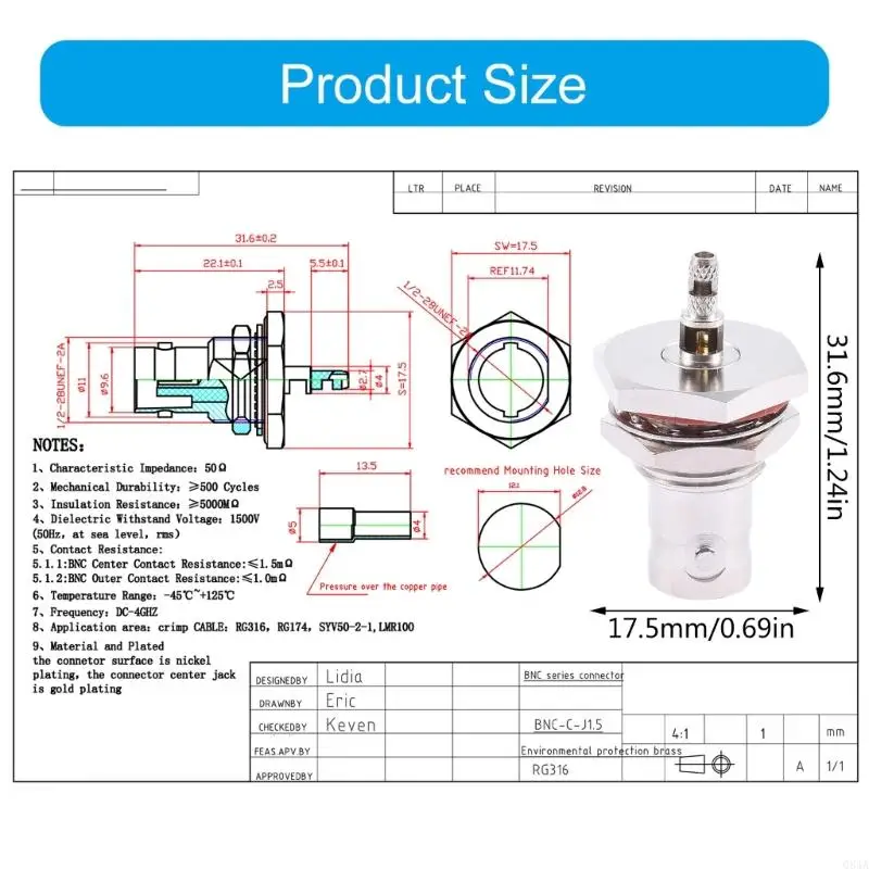 Q84A BNC Adaptor BNC-C-KY-1.5 Soket betina sambungan BNC BNC 75ohm Tahan Air