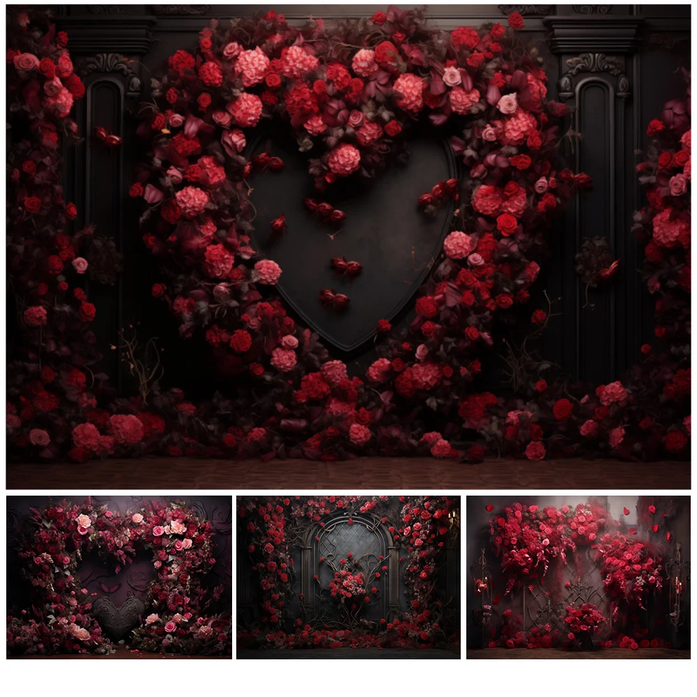 

Valentine's Day Backdrop Gothic Romantic Valentine Red Rose Flower Love Heart Wedding Couple Portrait Photography Background