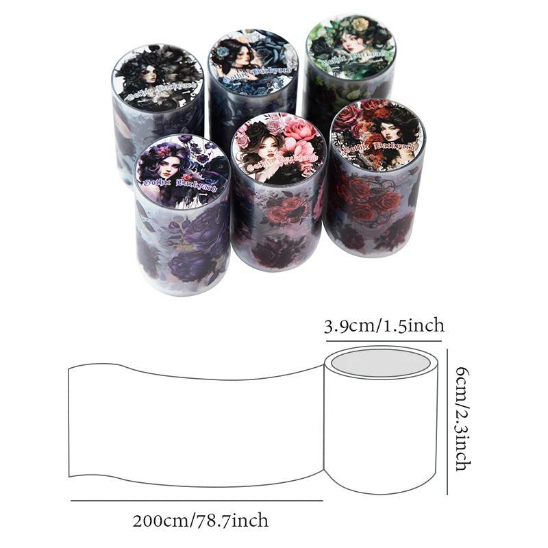 6Style 200cm/Roll Gothic Floral Collage Tape Back Garden Series Retro Character Handbook DIY Decorative Stickers