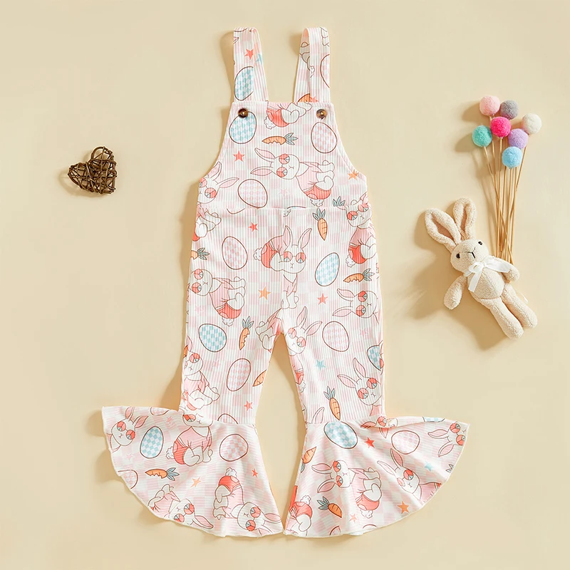 Adorable Baby Girls Easter Bunny Romper with Ruffle Sleeves and Floral Print Bell Bottom Pants for Spring Celebration