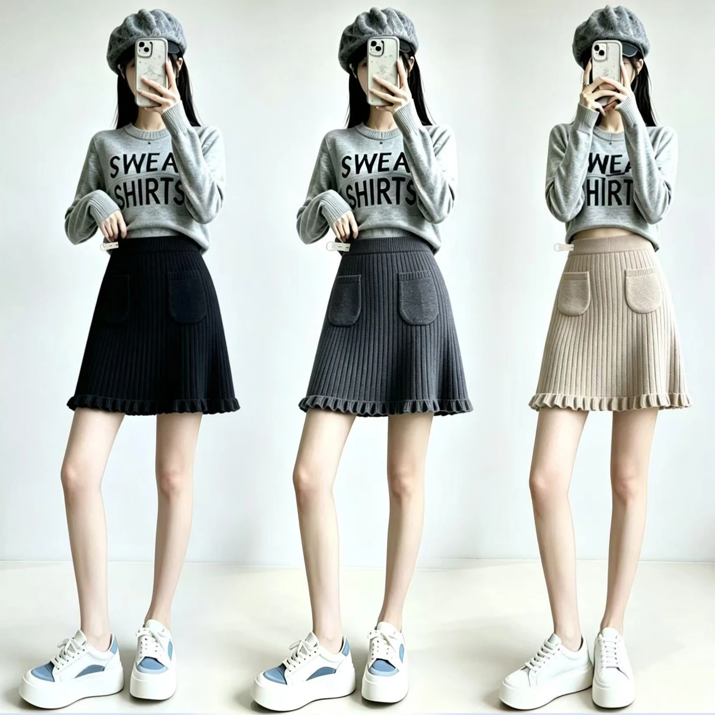 Autumn/winter Maternity Knitted Wool Skirt with Ruffle Trim Casual Slimming and Designed with a Fitted Hip and A-line silhouette
