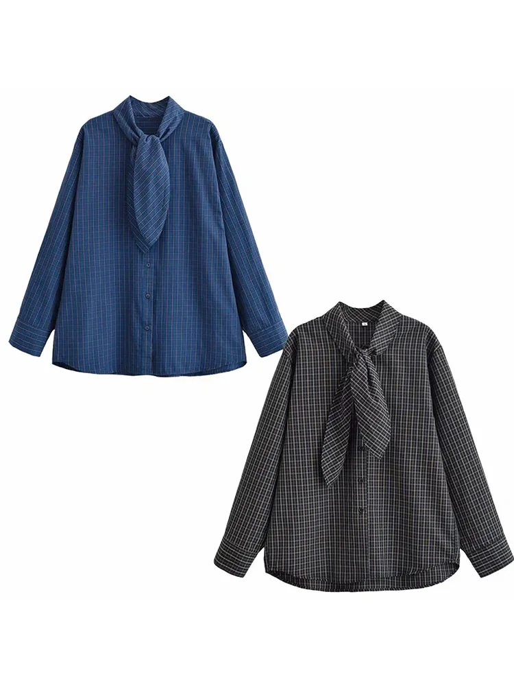 Spring Autumn Scarf Collar Fashion Shirt Casual Style Women New Vintage Oversized Shirt Long Sleeve Plaid Button Down Blouse