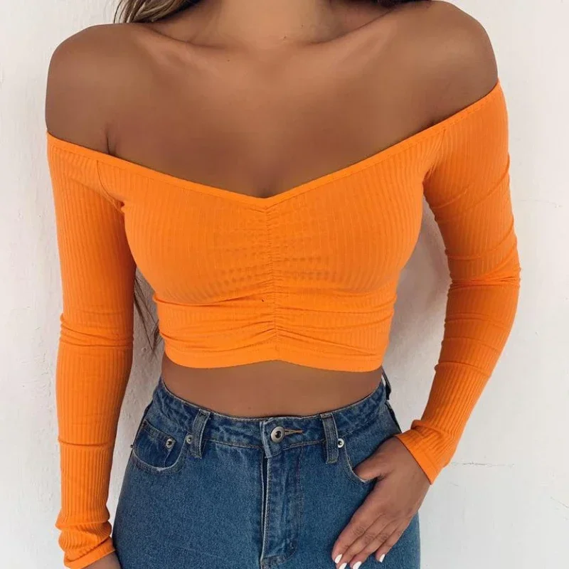 Sexy Off Shoulder Bare Midriff Folds Rib T Shirt Women Long Sleeves Slash Neck Short Tshirt Ladies Tee Shirt Camisetas Mujer