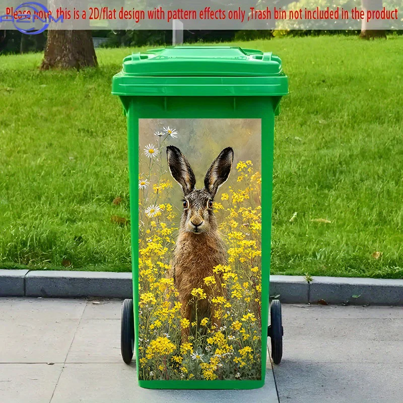 2D Flat Printing 1pc 2D Pattern Printed Kitchen Trash Can Sticker  Wild Hare Admiring Flowers Themed Kitchen Home Decor Wallpa