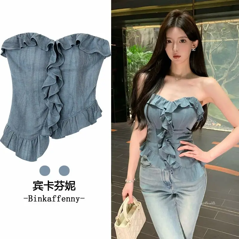 

Korea Women Simple Crop Top Vintage Spring Summer Blue Camisole Fashion Streetwear Casual Off Shoulder Vest Ruched Korean Daily