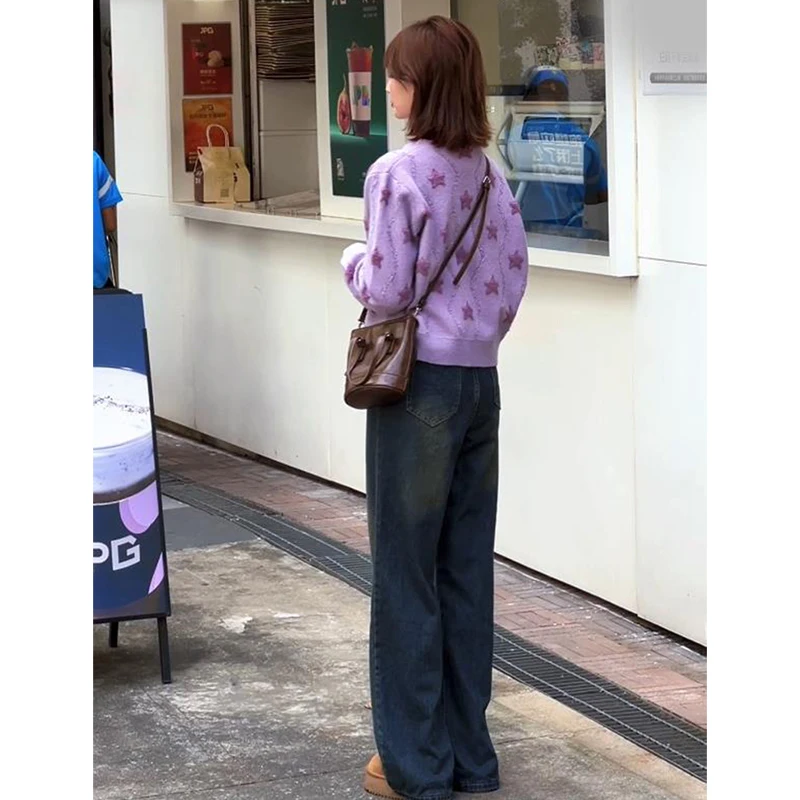 Weicher Wind Lila Stern Strickjacke Herbst Winter Anti-Aging High-End Weißes T-Shirt Jeans T-Shirt Set Damen Faion
