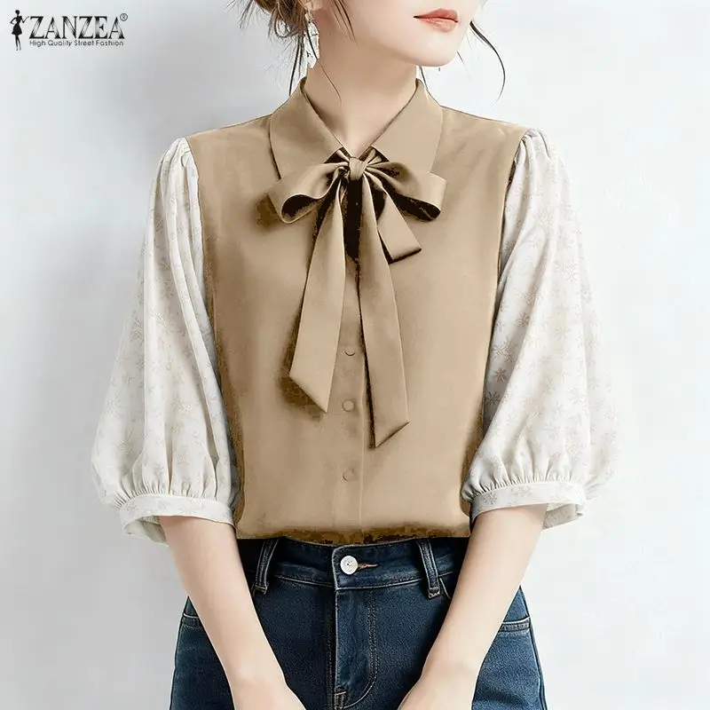 

ZANZEA Elegant Women's Contrast-Color Shirts Floral Printed Puff Sleeve Bowtie Collared Casual Tops Summer Woman Clothes S-3XL