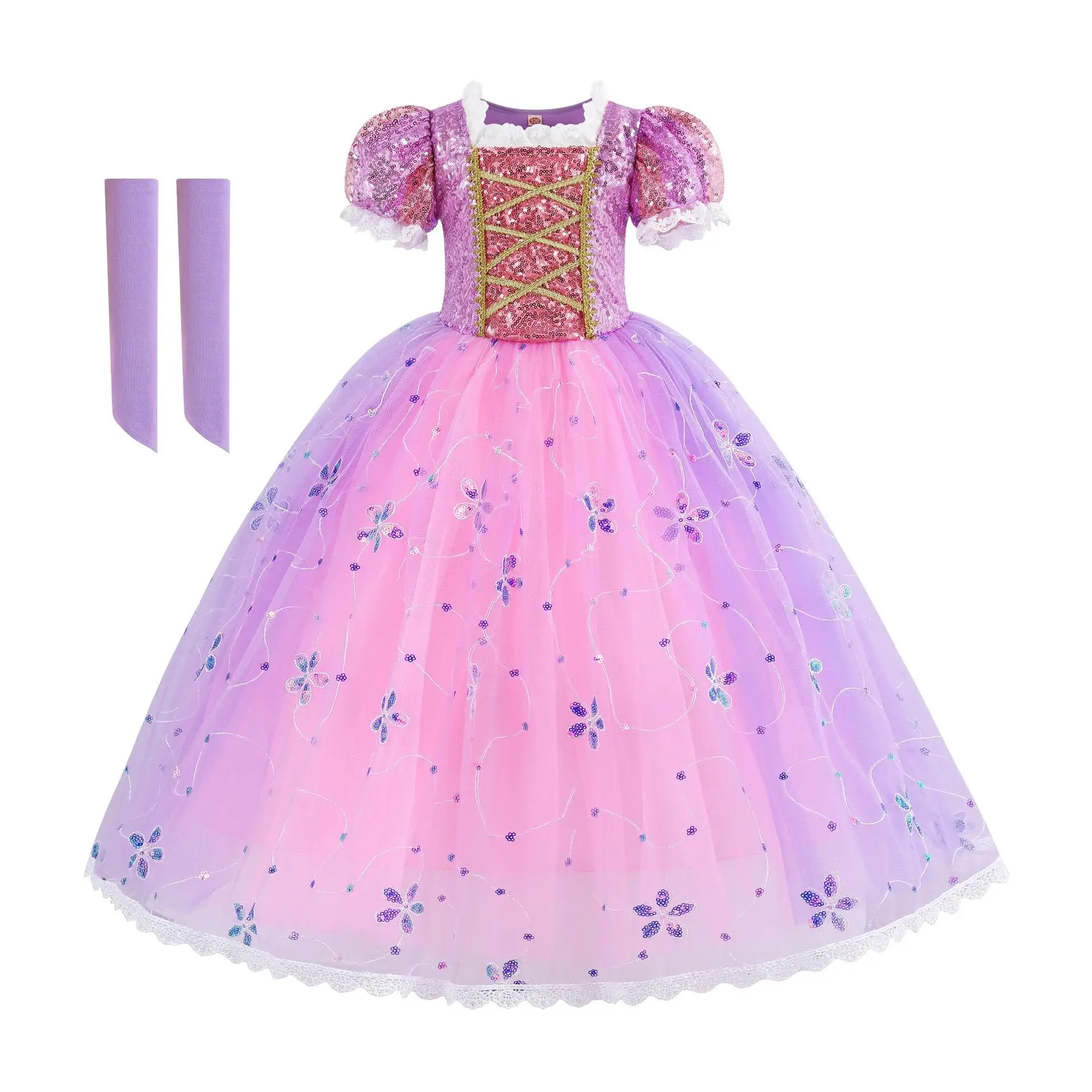 Rapunzel Princess Dress Girls Purple Puff Sleeve Sequin Halloween Cosplay Princess Long Hair Costume Birthday Party Dresses