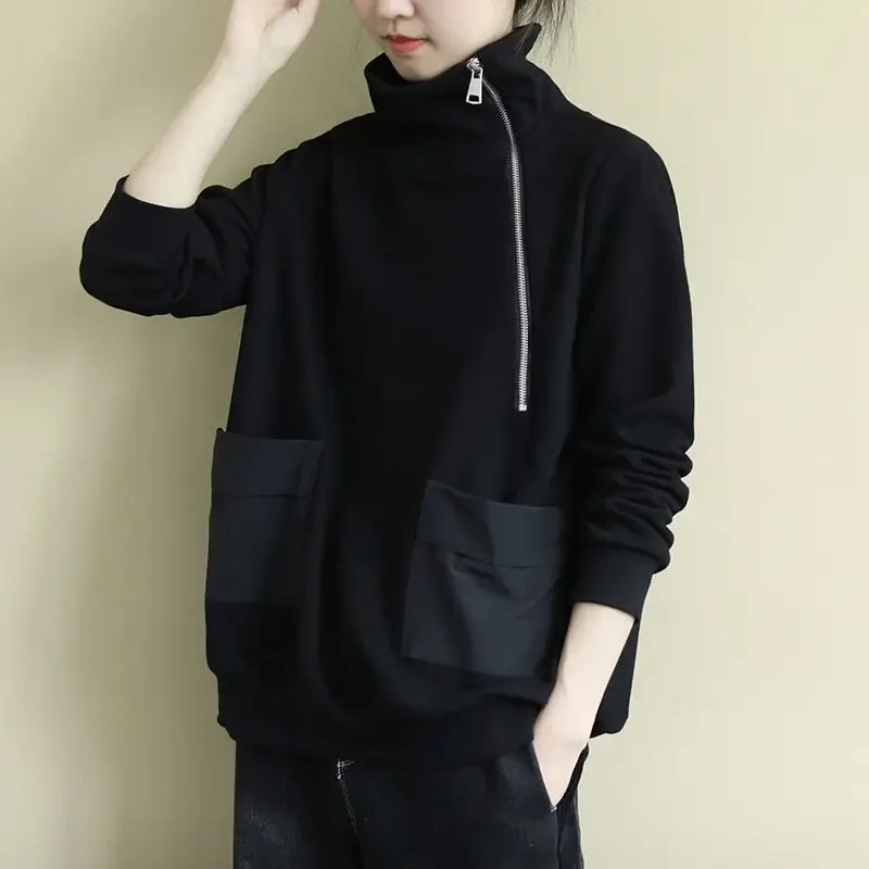 Black With Zipper Women\'s Sweatshirt Full Zip Up Woman Clothing Pullovers Top Plain Thick Cheap And Korean Style Trend Xxl Goth