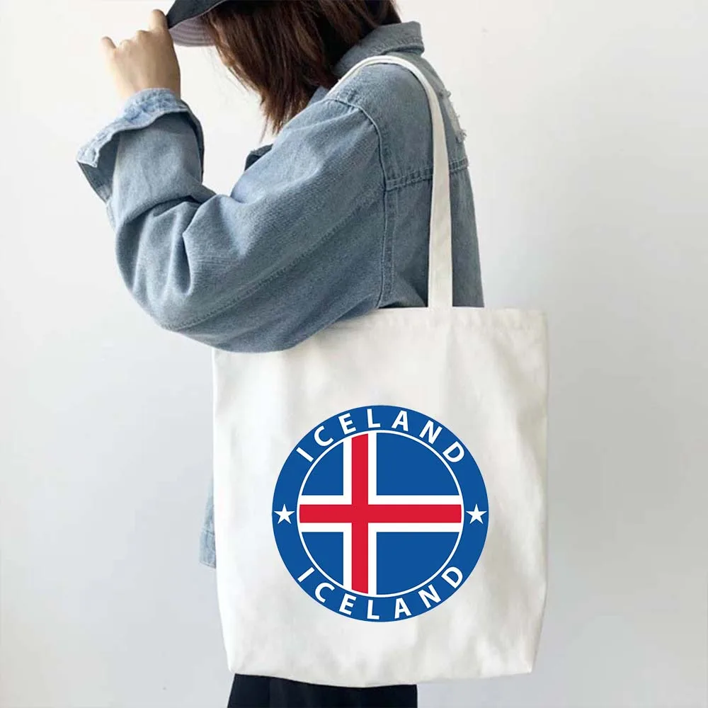 Iceland Heart Flag Coat of Arms Map Canvas Tote Bag Reykjavik Travel Viking Shopper Harajuku Fashion Cotton Eco Shopping Handbag