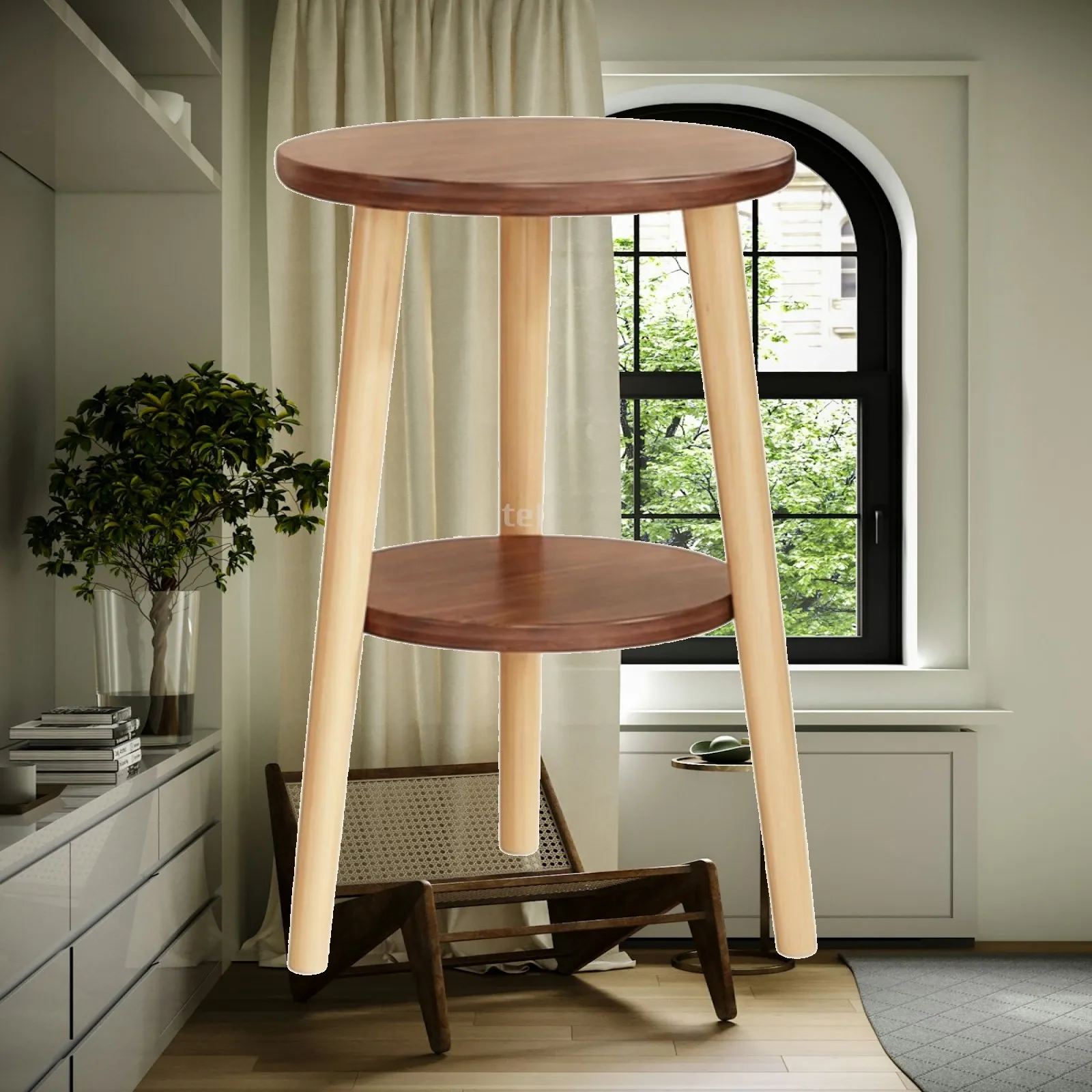 Round Wooden Plant Display Stand Two Tier Shelf for Potted Flowers Bonsai Holder for Living Room Corner Decor