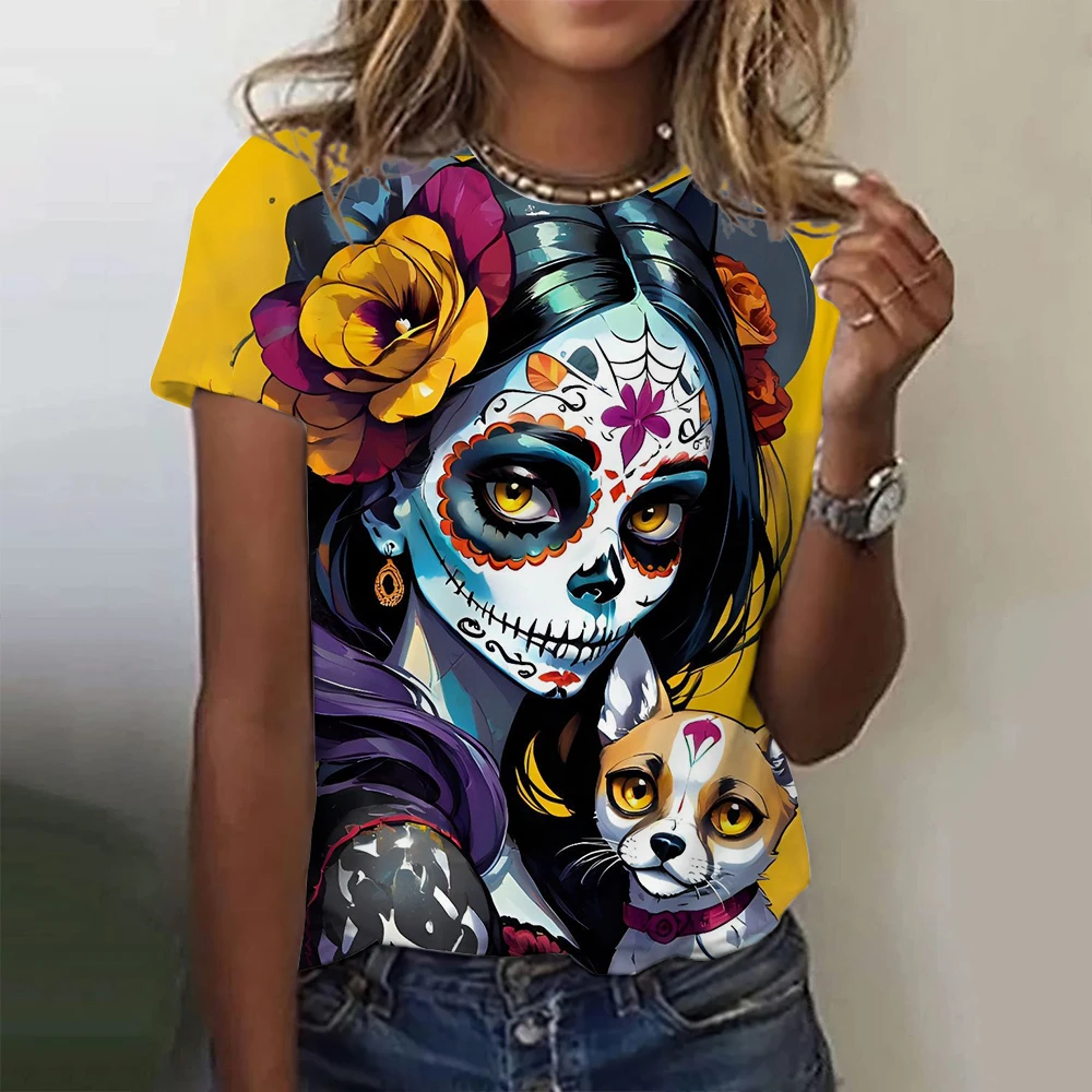 T-shirt damski dla dziewczynek letni krótki rękaw moda codzienna seksowne ubrania dla dziewczynek Horror nieumarły wzór czaszki t-shirty oversize