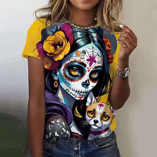 T-shirt damski dla dziewczynek letni krótki rękaw moda codzienna seksowne ubrania dla dziewczynek Horror nieumarły wzór czaszki t-shirty oversize