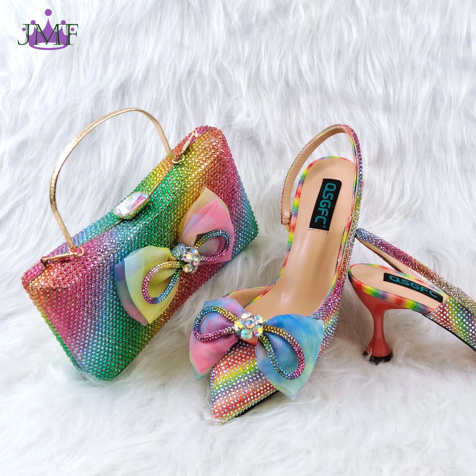 QSGFC The latest INS Style Pointed Rhinestone Shallow Mouth Temperament High Heels Rainbow Color Women\'s Shoes And Bags