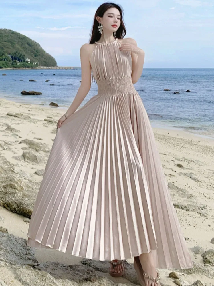 2025年新作 レディース バケーションワンピース セクシー オフショルダー スリムウエスト カジュアル エレガント ビーチ プリーツ ロングワンピース