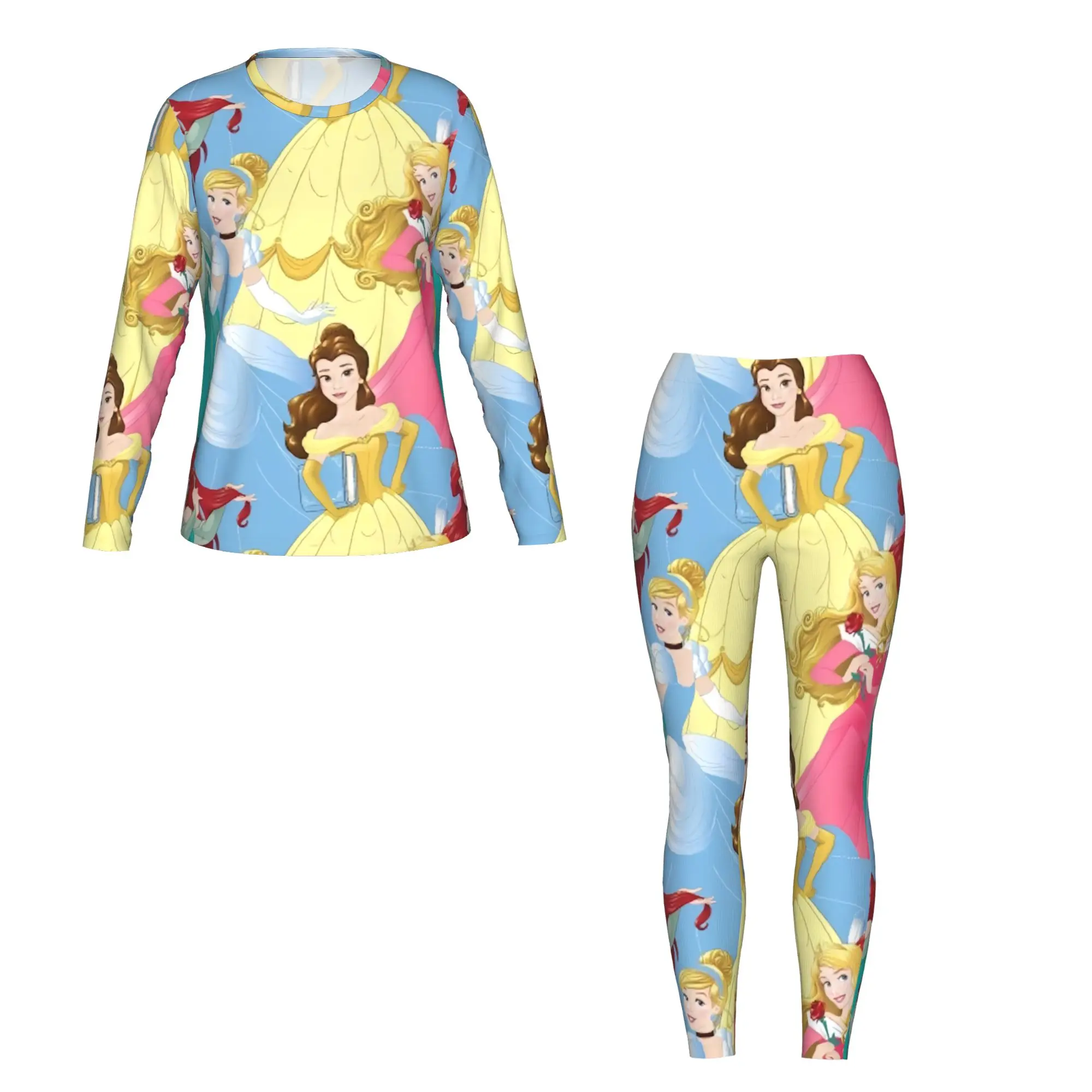 Disney Princess с милым принтом, 2 шт., женская футболка с длинными рукавами, леггинсы, комплект, подходящий для домашних путешествий, фитнеса и т. д.