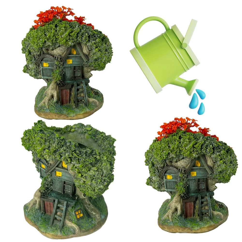 Tree House Flower Pot Succulent Pot Decorative Forest House Planter Pot Resin Desktop Plant Pot Multi-Function for Home Office