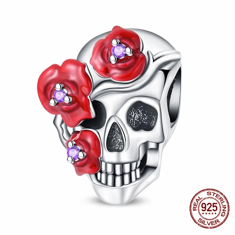 

925 Sterling Silver Floral Skull Pendant Beads Inlaid with Zircon Paired with an Original Bracelet DIY Womens Jewelry Gift