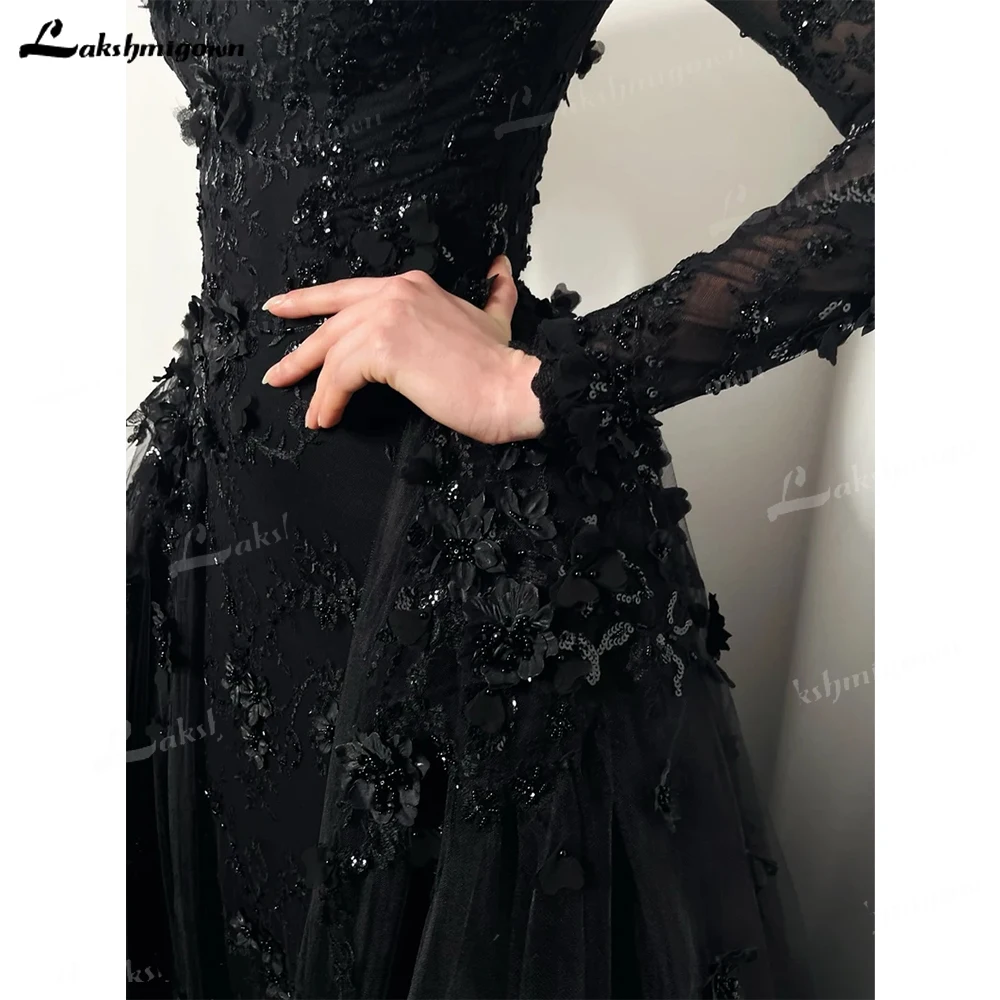 Shiny Black Gothic Elegant 3D Floral Beaded Wedding Dress Open Back Train Tulle Gown Long Sleeves Detachable Skirt Brautkleider