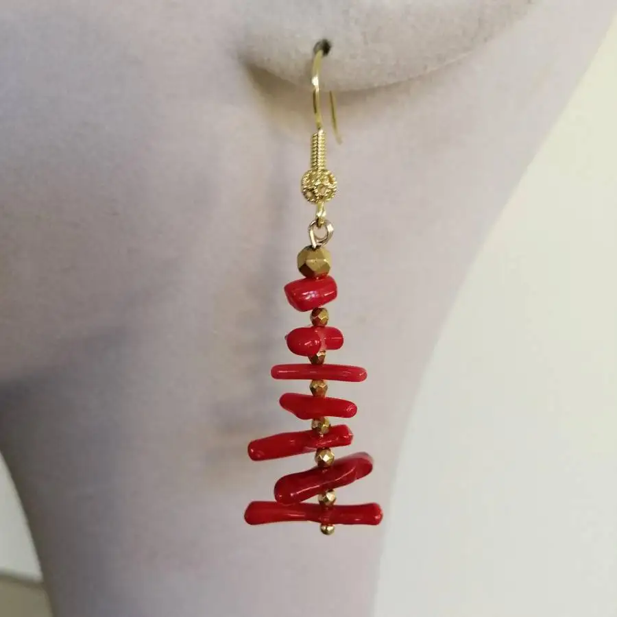 Women Irregular Branch Red Coral Long Tassel Dangle Earrings Gold Hook Drop Earrings Vintage Boho Natural Stone Handmade