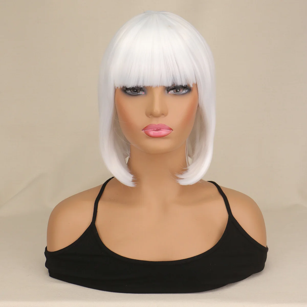 Women Synthetic White Short Straight Bob Wigs Short Bob Wig with Bangs Fashion Lady Daily and Flapper Cosplay Costume Hair Wig