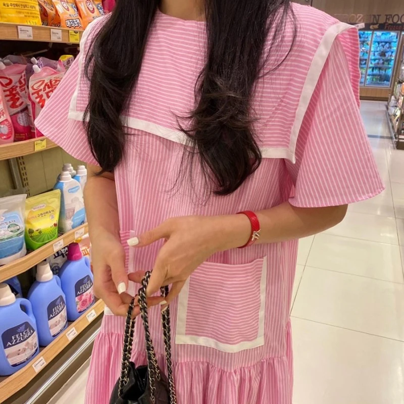 Chic Summer Sweet Youthful Navy Collar Color Blo ort Sve Double ket Striped Long Dr Women's Korean Sle Loose W...