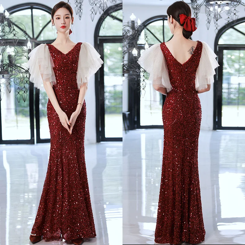 

It's Yiiya Burgundy V-Neck Ruched Short Sleeves Sequins Mermaid Floor-Length Zipper Back Formal Dress Dress Woman Party A2862