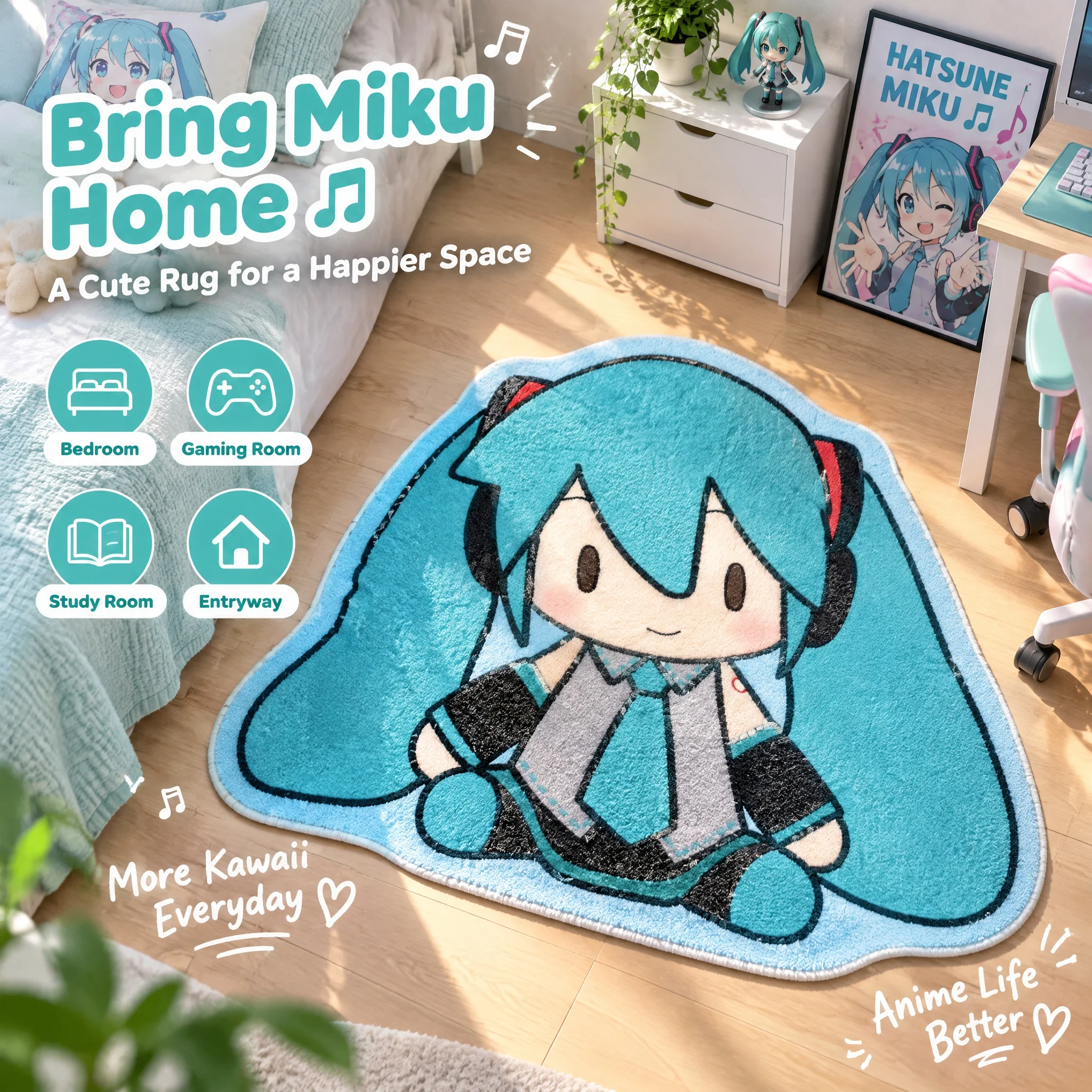 Alfombra de suelo con forma de Hatsune Miku, antideslizante, ideal como felpudo, con un diseño adorable de anime, perfecta para decorar dormitorios, salas de juegos, entradas y el hogar.