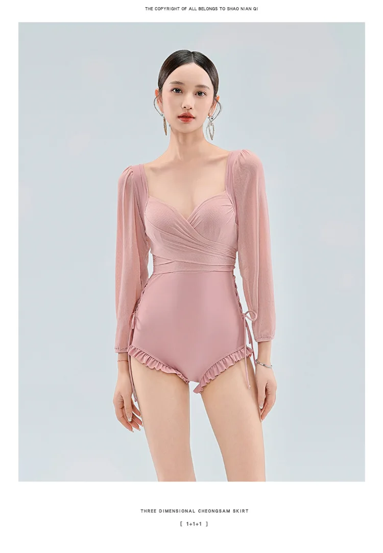 Korean INS Vibe Tummy Control One-Piece, 2026 Summer Women's Long Sleeve Triangle Cup Cover-Up Swimwear for Beach Vacation