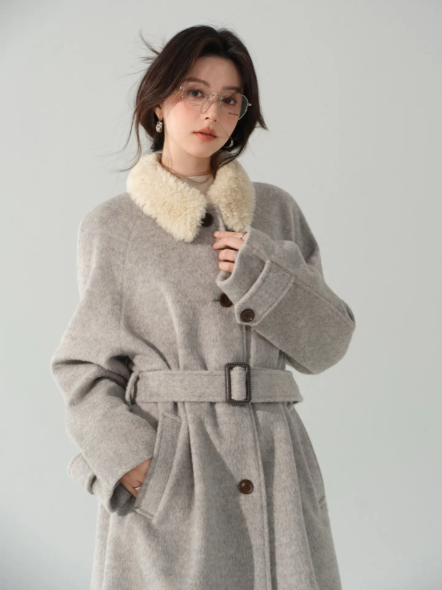 Elegant Wool Coat for Women Lady Belted Long Overcoat with Plush Contrast Lapel Warm Vintage Outerwear Chic Daily Commuter Style