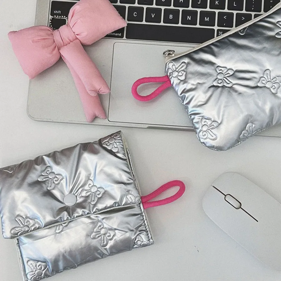 Silver Bow Pattern Coin Purse Women's Earphone Coins Keys Wallet Organizer Zipper Pouch Cosmetic Bag
