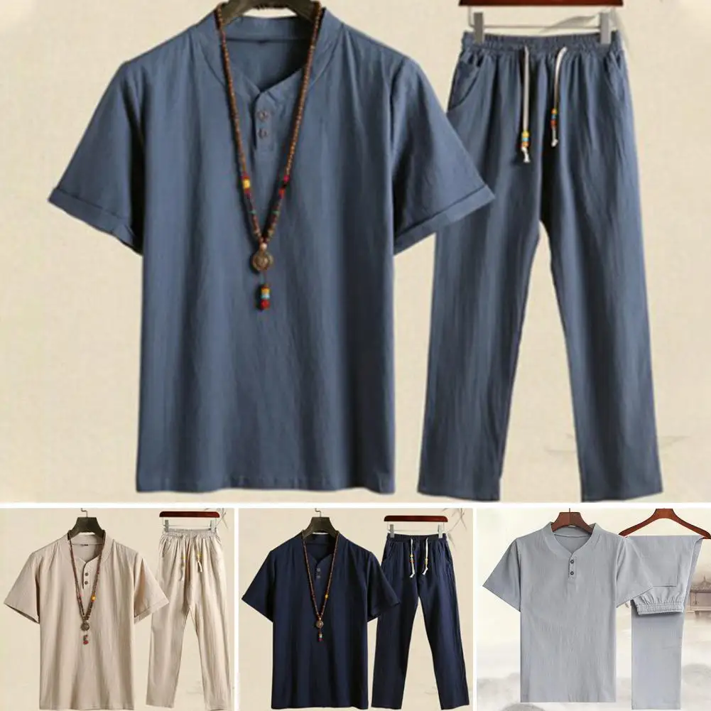 1 Set Cool Men Outfit Simple Top Pants Short Sleeve Chinese Style Mid Rise Outfit  Mid Waist