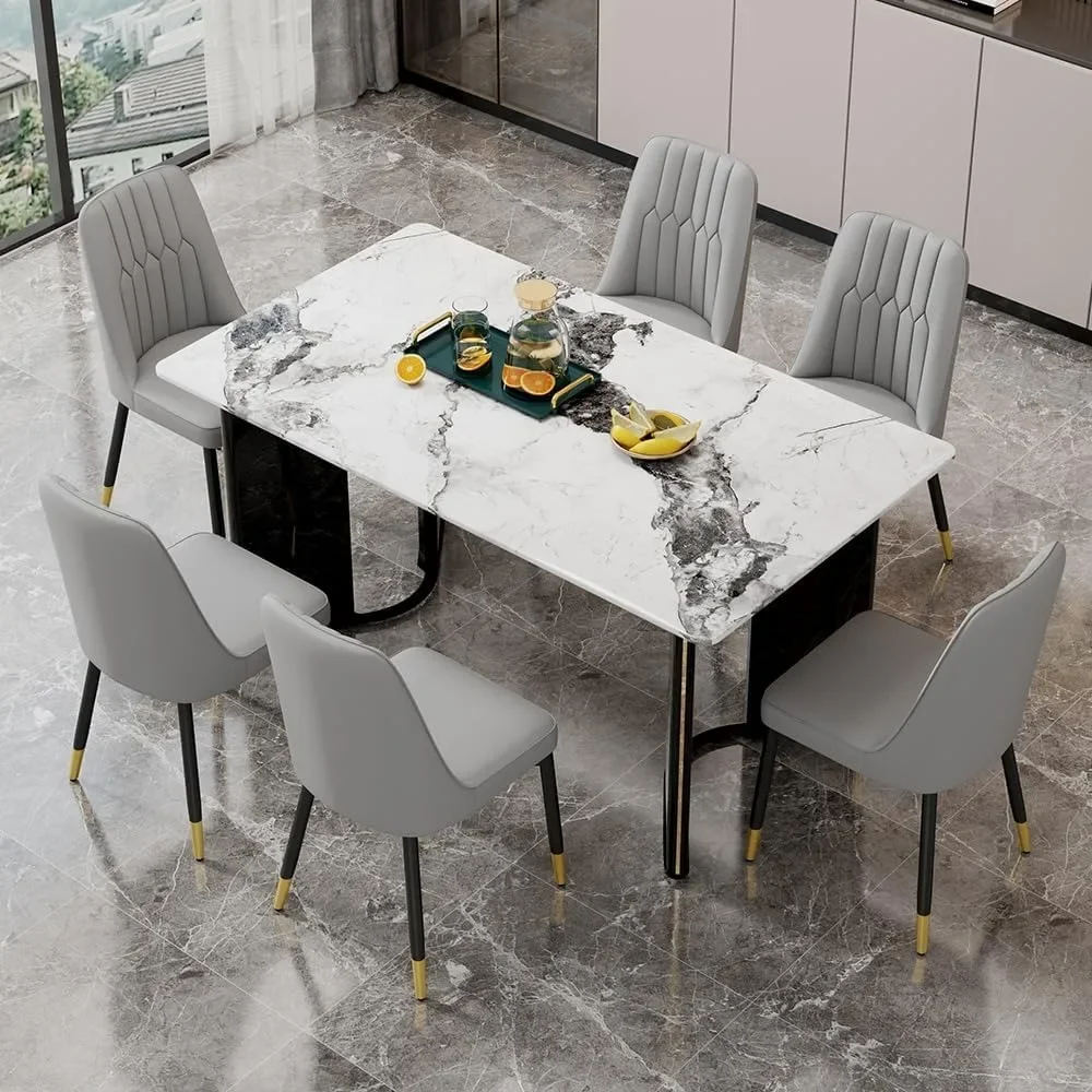 

White Imitation Marble Patterned Table with 6 Modern Dining Chairs, Suitable for Kitchen and Dining Set