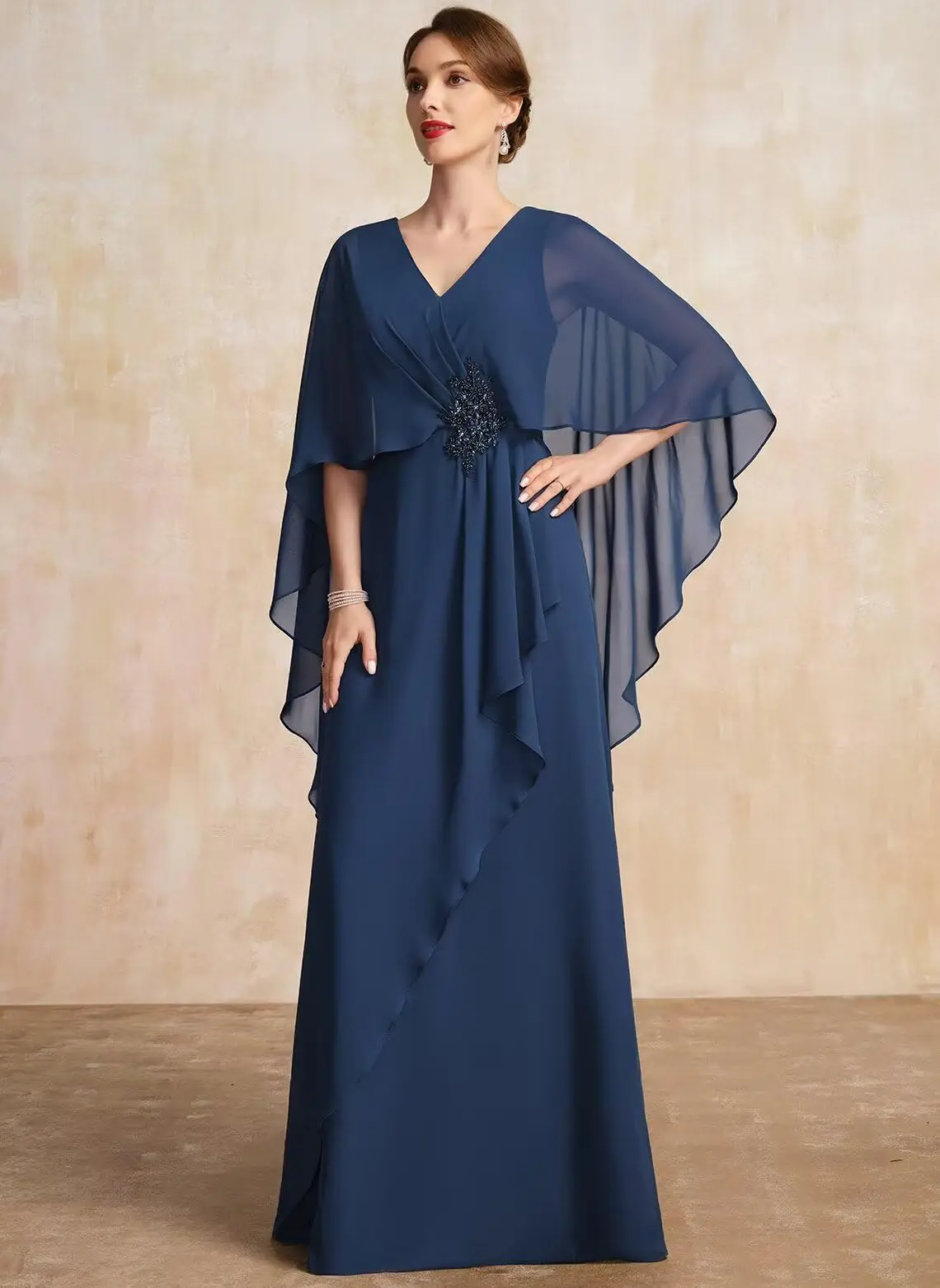 فساتين أم العروس برقبة على شكل V للسيدات مكشكشة وأكمام قصيرة من الشيفون فساتين سهرة رسمية طويلة