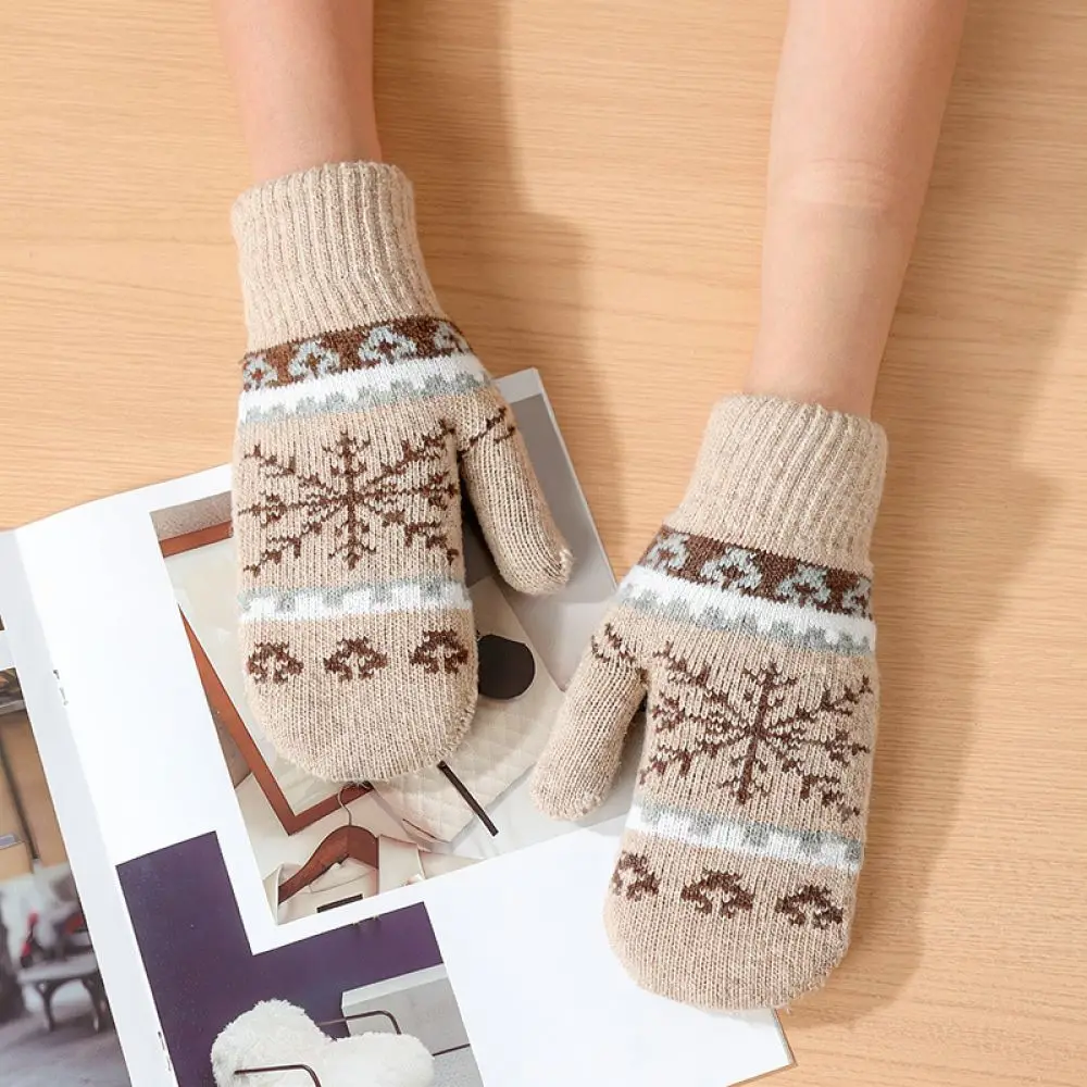 Ladies Winter Mittens Snowflake Print Thick Knitted Wool Gloves Thermal Soft Windproof Protection Riding Hand Warmer