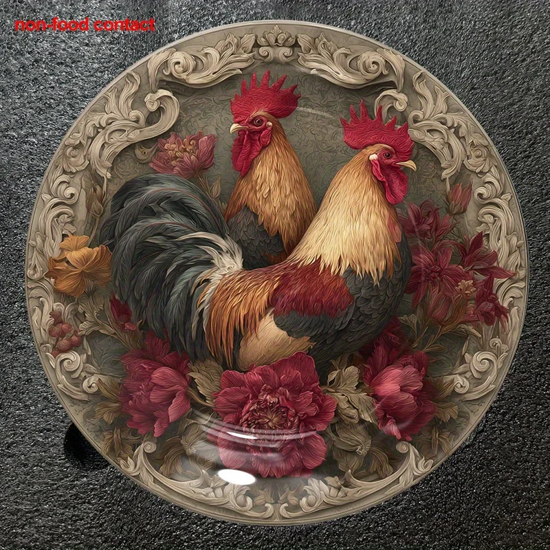 1pc Vintage Rooster & Peony Round Ceramic Wall Hanging Plate - 8.0inch Art Deco Style Decorative Tray for Necklaces, Rings,