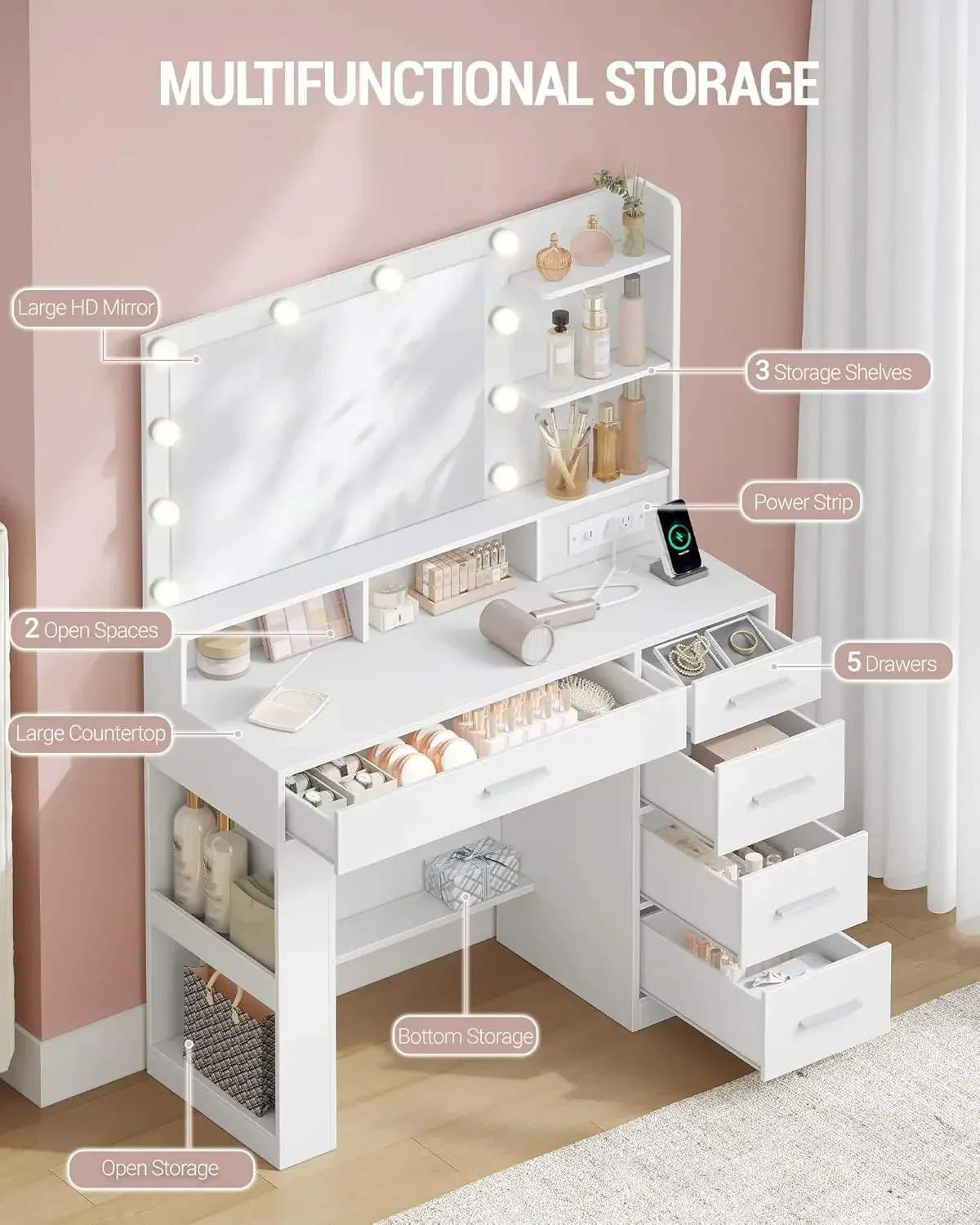 Vanity Desk with Large HD Mirror, Makeup Vanity with Led Lights, Dressing Table with Power Strip, 6 Storage Shelves, 5 Drawers a