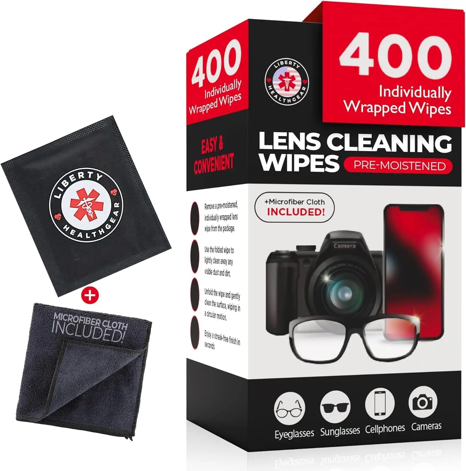 

400 Pre-Moistened Lens Wipes with Microfiber Cloth for Eyeglasses and Screens, Individually Wrapped