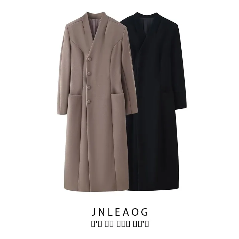 

JNLEAOG женское шерстяное пальто с воротником-стойкой, осеннее новое длинное пальто миди с воротником-стойкой и боковыми пуговицами на талии