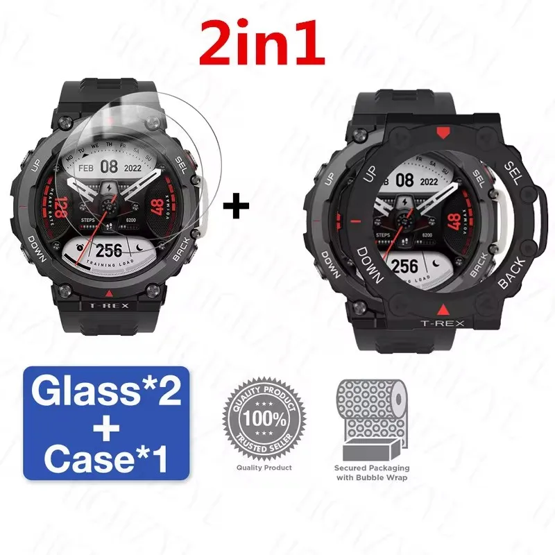 2 In 1 Amazfit T-REX Case Cover Bumper + Screen Protector Gehard Glas Film For Huami Amazfit T-REX 2 Smart accessoires