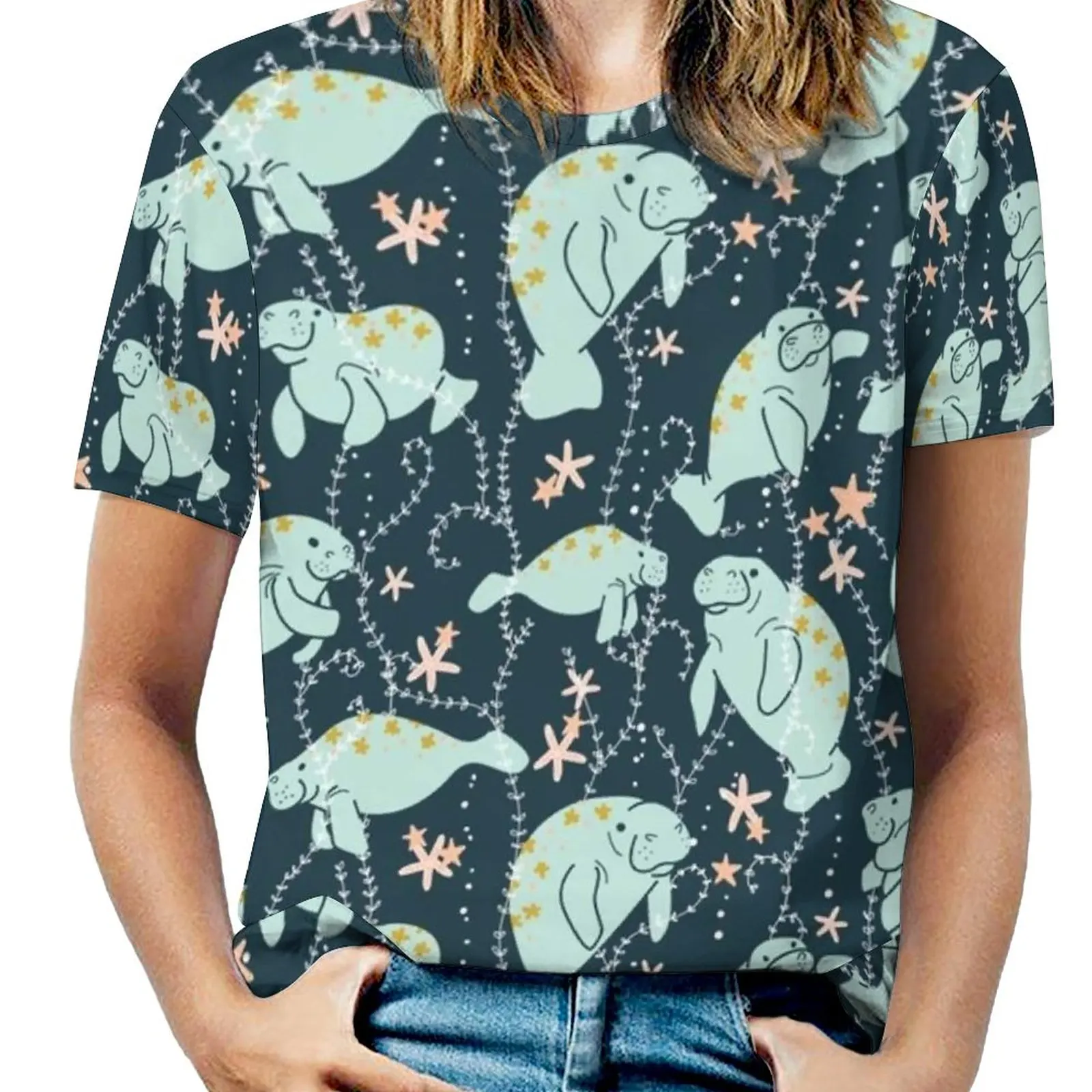 Oh The Hue-Manatee : Teal Women's T-Shirt Summer Fashion Print Floral V-Neck Zipper Tshirt Hollow Pullover Ladies Top Manatee