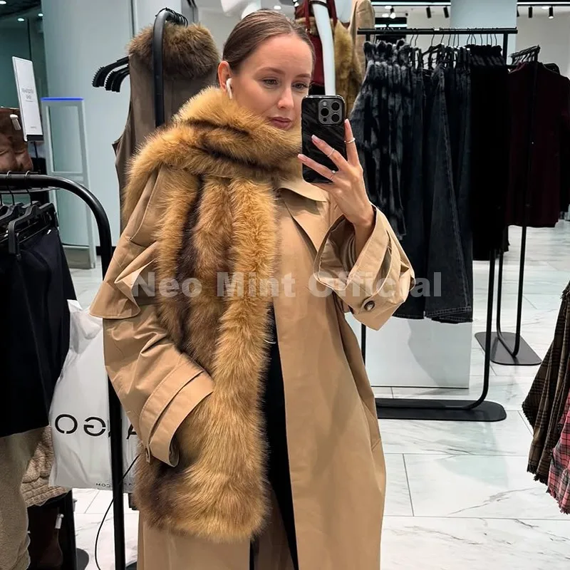 Neo Mint 2025 ماركة الموضة فو الفراء وشاح للمرأة الخريف الشتاء رقيق مخطط صديقة للبيئة الثعلب الفراء منديل الأوشحة شال فاخرة