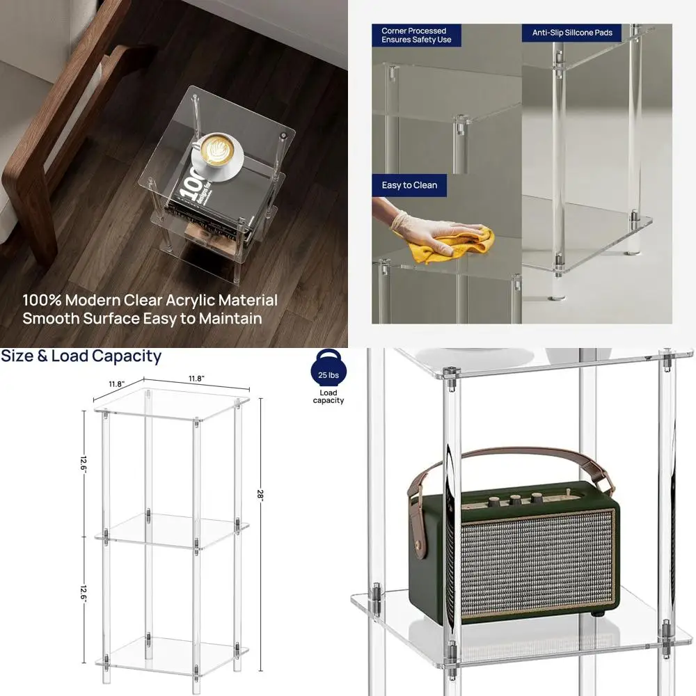 

Акриловый приставной столик для небольших помещений, 11,8 дюйма Д x 11,8 дюйма Ш x 28 дюймов В, небольшая тумбочка/прикроватная тумбочка/стол для гостиной, спальни, 3-T