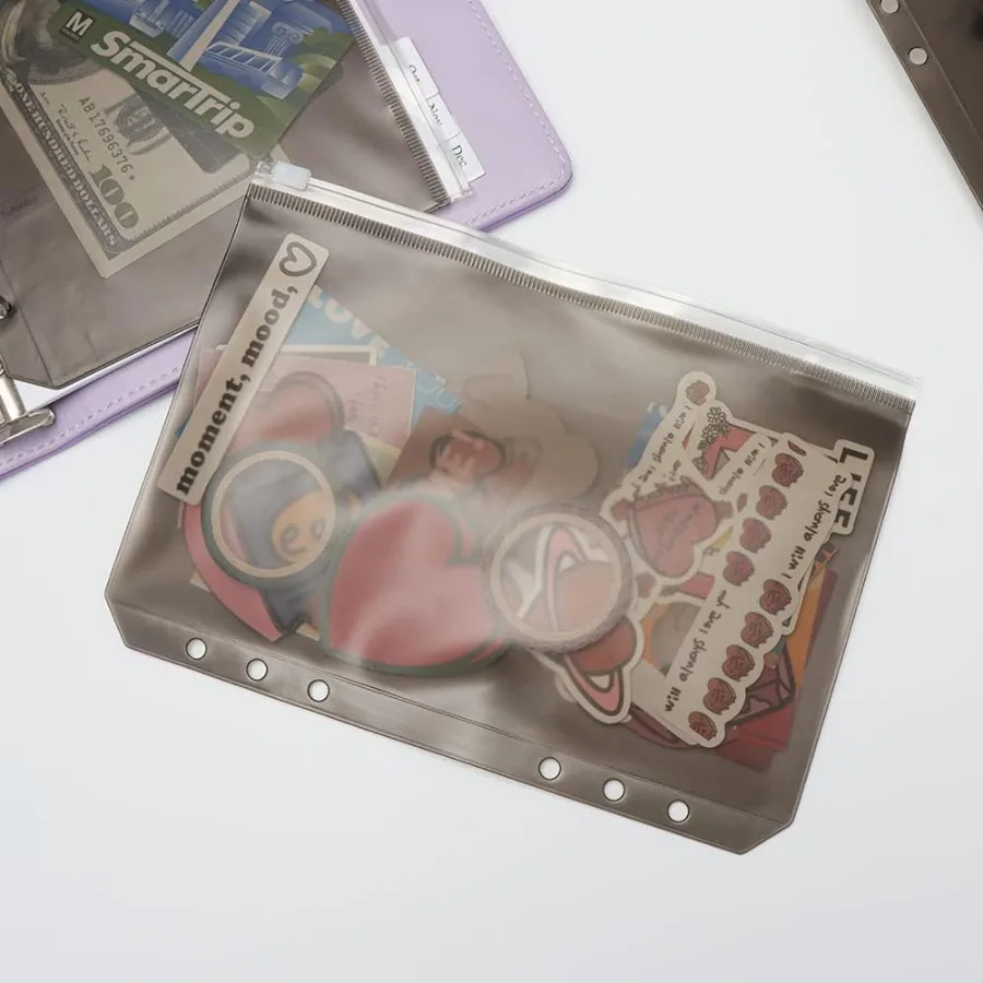 Kieszenie do segregatora A5, czarne, z zamkiem błyskawicznym, przezroczyste koperty budżetowe z PVC, 12 sztuk, 6 otworów, torby do przechowywania dokumentów do segregatora.