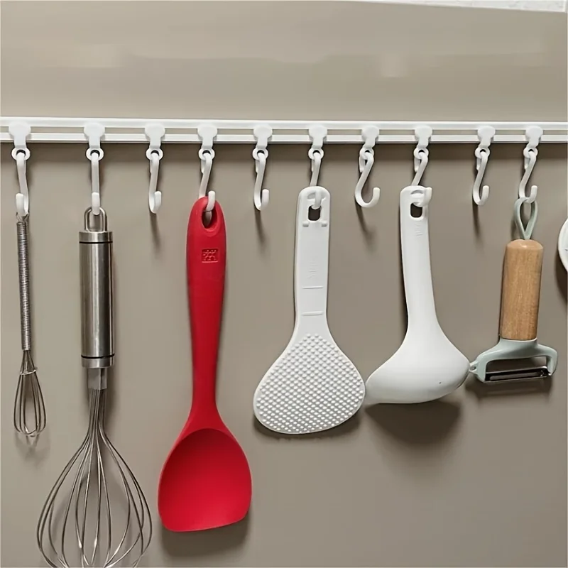 40cm No Drill Kitchen Utensil Rail Hook, Multifunctional Sliding Adhesive Hanging Track with Movable S Hooks, Wall Mount Cabinet