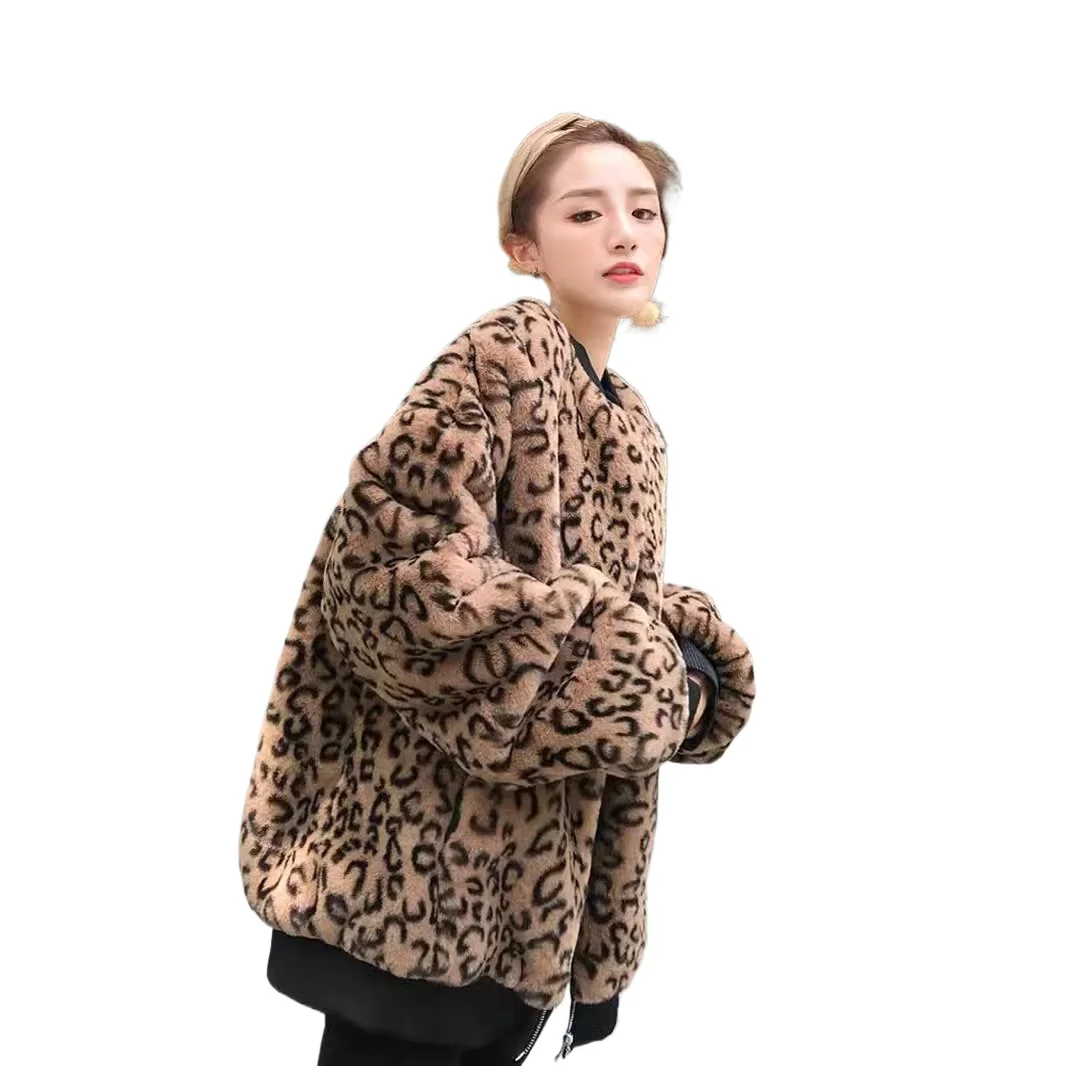 Autumn and winter leopard print jacket rabbit fur baseball jersey threaded women's clothing medium and long zipper fur clothes