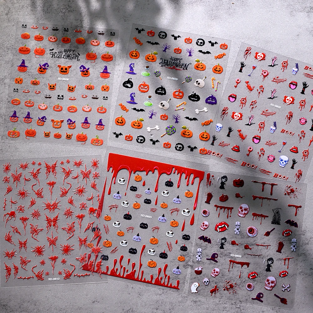 Naklejki na paznokcie 5D na Halloween Dynia Duch Czaszka Czerwona Krew Ręka Szkielet Wzory Naklejki na Paznokcie Horror Oko Dekoracje Paznokci