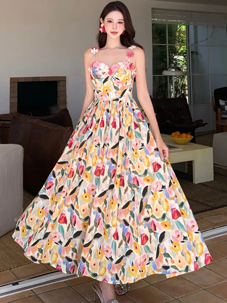 

2026 Floral Chic Sling A-line Long Dress Summer Elegant Beach Style Casaul Holiday Dress Women Korean Fashion Bodycon Prom Dress