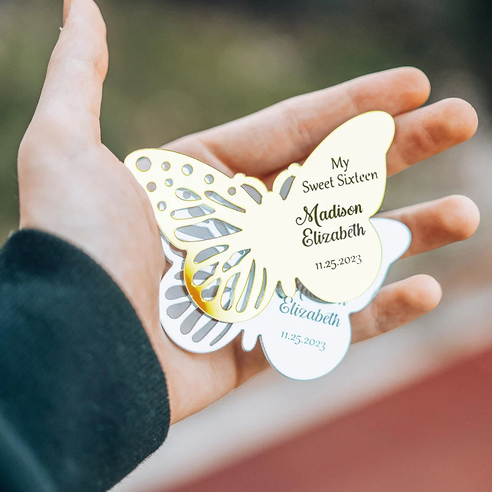 50pcs Personalized Acrylic Tag with Magnet Butterfly Engraved Text  Baby Shower Baptism Birthday Favors Wedding Party Decoration